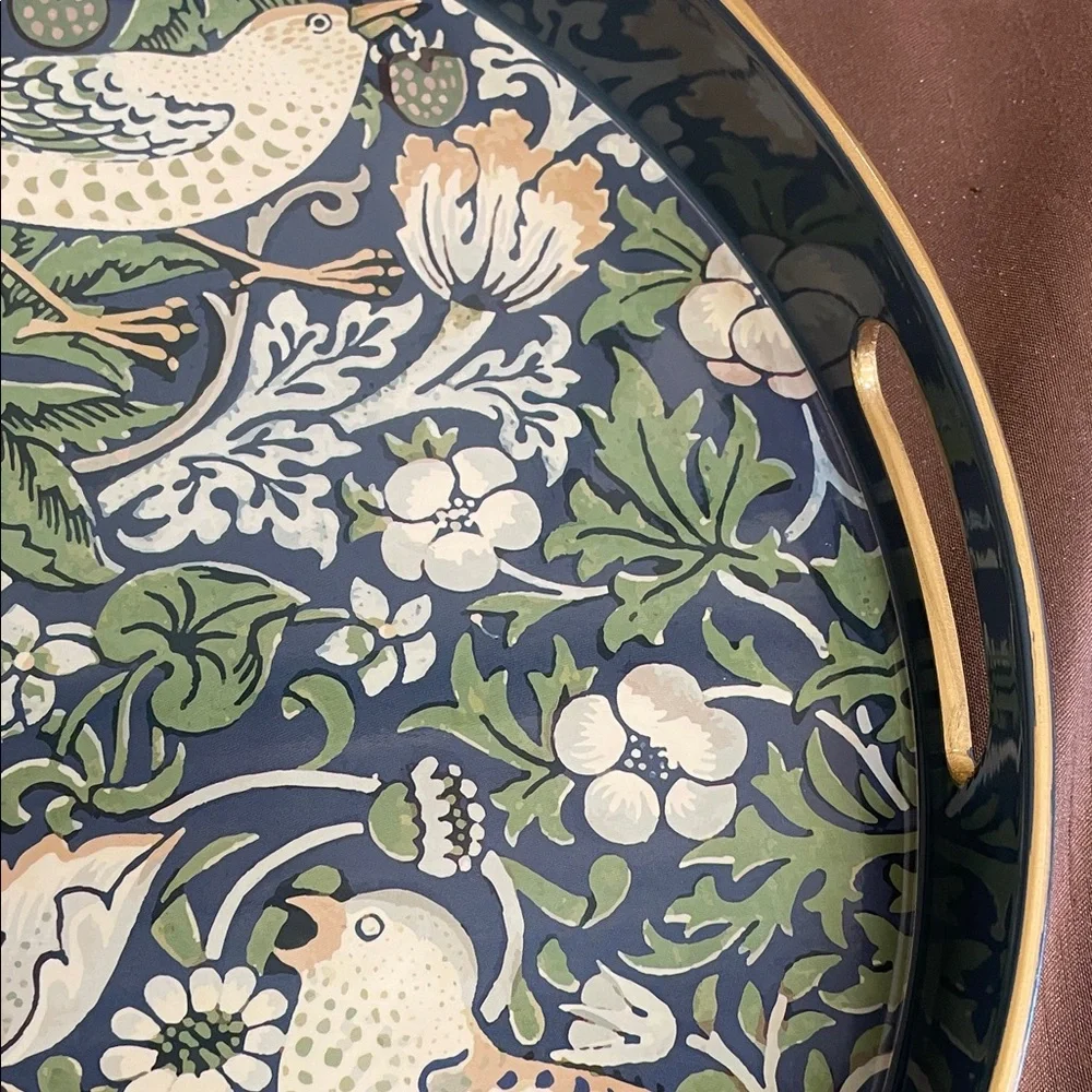Decorative Bird & Floral Serving Tray in Blue and Green with Gold Trim